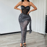 Leopard Print Lace Patchwork Sling Maxi Dress GOMN-60968