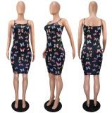 Plus Size Butterfly Print Sling Backless MIni Dress GWLS-LD201027