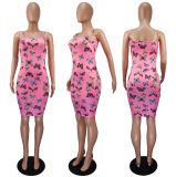 Plus Size Butterfly Print Sling Backless MIni Dress GWLS-LD201027