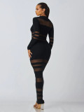 Mesh Patchwork Lapel Long Sleeve Maxi Dress SFY-823
