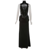 PU Leather Patchwork Sleeveless Split Maxi Dress XEF-K25D89909