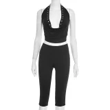 Solid Color Hollow Out Tops Seven-Tenths Pants Suit GDSF-J25ST484