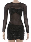 Mesh See Through Ruched Patchwork Mini Dress XEF-K25D89397