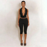 Solid Color Hollow Out Tops Seven-Tenths Pants Suit GDSF-J25ST484