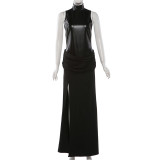 PU Leather Patchwork Sleeveless Split Maxi Dress XEF-K25D89909