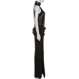 PU Leather Patchwork Sleeveless Split Maxi Dress XEF-K25D89909