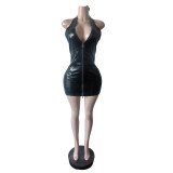 Sleeveless Zipper PU Leather Mini Dress MEM-88678