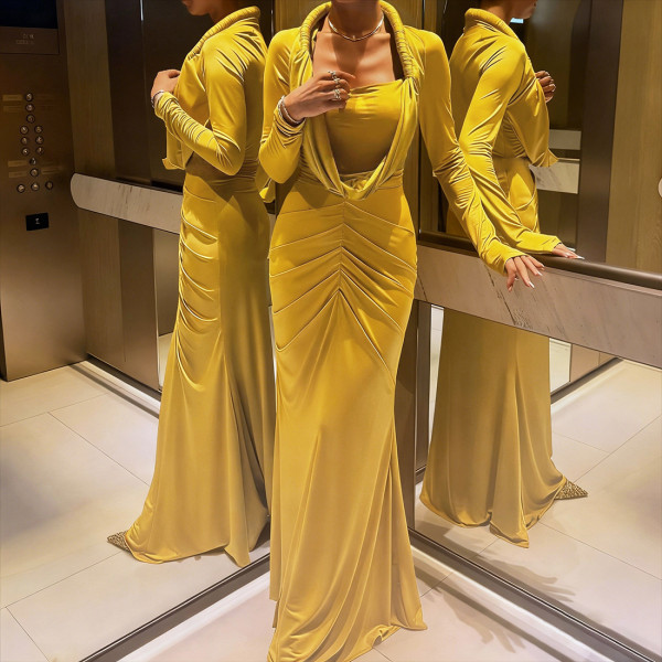 Solid Color Ruched Long Sleeve Maxi Dress GSLF-K25D87000