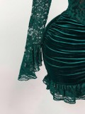 Solid Color Lace Deep V Neck Ruched Mini Dress GXIY-K25L1638