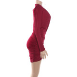 Long Sleeve Ruched Deep V Neck Mini Dress GSLF-K25D86419