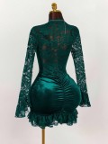 Solid Color Lace Deep V Neck Ruched Mini Dress GXIY-K25L1638