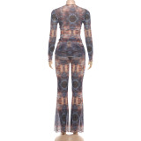 Print Long Sleeve See Through Two Piece Pants Set GSLF-K25S88792