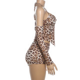 Leopard Print Tie Up Warp Chest Two Piece Short Set GSLF-K25S86184