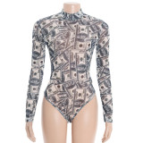 Dollar-Print Mesh See Through Bodysuit GAXB-D520BS