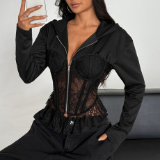 Lace Patchwork Zipper Hooded Coats GOMN-71348