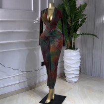 Print Deep V Neck Long Sleeve Long Dress GMSF-9464