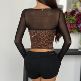 Leopard Print Mesh Patchwork Long Sleeve Tops GOMN-71298