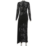 Long Sleeve See Through Split Maxi Dress GYME-K25D88760