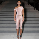 Slash Shoulder Solid Color Top Seven-Tenths Pants Suit MXBF-J25ST489