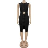 Single Breasted Solid Color Sleeveless Midi Dress BY-7623