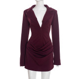 Deep V Neck Long Sleeve Ruched Mini Dress GAXB-W535DS