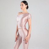 Slash Shoulder Solid Color Top Seven-Tenths Pants Suit MXBF-J25ST489