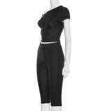 Slash Shoulder Solid Color Top Seven-Tenths Pants Suit MXBF-J25ST489
