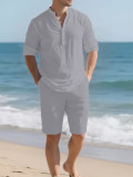 Men's Solid Color Long Sleeve Shirt Five-Tenths Pants Set FLZH-ZT167-ZK117