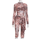 Print Long Sleeve Tie Up Seven-Tenths Pants Suit GDSF-J25ST454