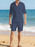 Men's Solid Color Long Sleeve Shirt Five-Tenths Pants Set FLZH-ZT167-ZK117