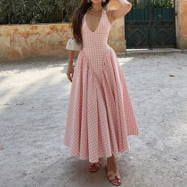 Plus Size V Neck Press Pleated Maxi Dress GHHE-28863
