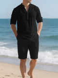 Men's Solid Color Long Sleeve Shirt Five-Tenths Pants Set FLZH-ZT167-ZK117