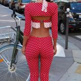 Polka Dot Print Halterneck Tie Seven-Tenth Pant Three-Piece Set GOLB-SU4228