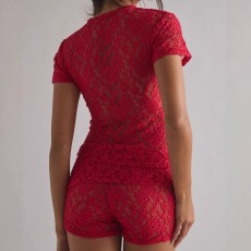 Lace Short Sleeve T Shirt Shorts 2 Piece Set GOLB-SU4238