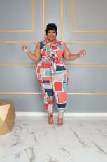 Plus Size Sleeveless Print Two Piece Pants Set QYXZ-9121
