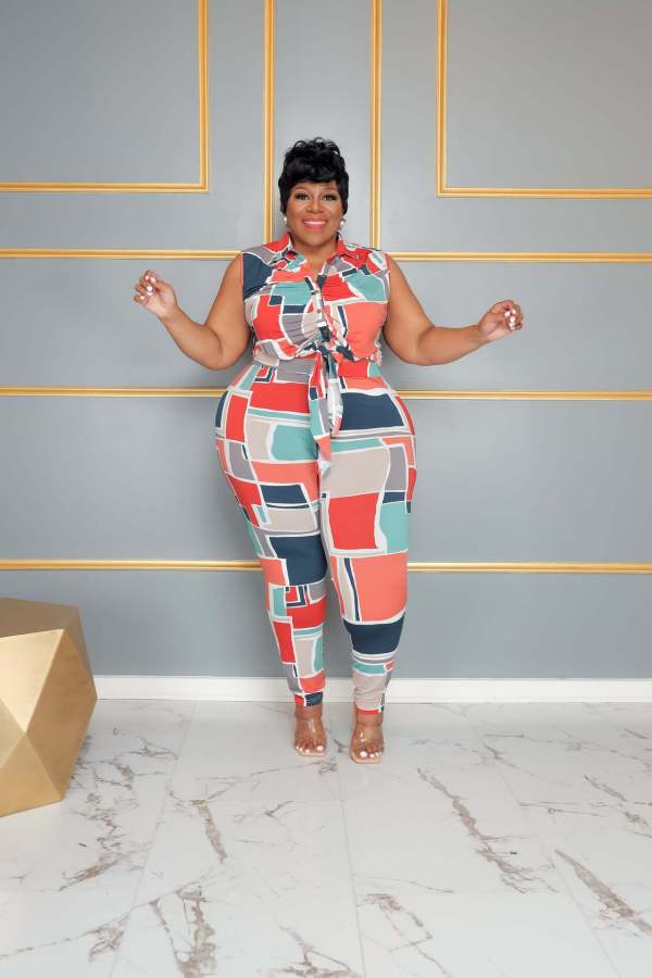 Plus Size Sleeveless Print Two Piece Pants Set QYXZ-9121