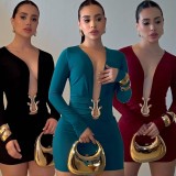 Deep V Neck Long Sleeve Bodycon Dress GZIY-6372