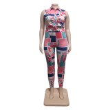 Plus Size Sleeveless Print Two Piece Pants Set QYXZ-9121