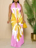Print Halterneck Backless Maxi Dress YH-5310