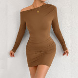 Long Sleeve Slash Neck Ruched Mini Dress YMYF-9553