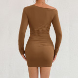 Long Sleeve Slash Neck Ruched Mini Dress YMYF-9553