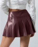 Solid Color PU Leather Pleated Skirts GPBY-SK741