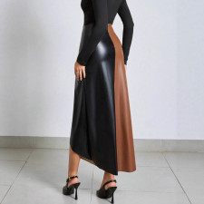 PU Color Blcok Zipper Long Skirt GPBY-SK733