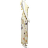Backless Halterneck Tops Print Long Skirt 3 Piece Set XEF-K25S67406
