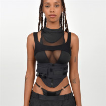 Mesh Hollow Out Sleeveless Tops XEF-K21L10199