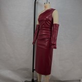 Slash Shoulder Leather Tight Split Midi Dress GPBY-17136