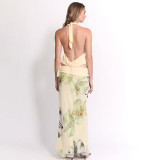 Backless Halterneck Tops Print Long Skirt 3 Piece Set XEF-K25S67406