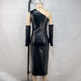 Slash Shoulder Leather Tight Split Midi Dress GPBY-17136