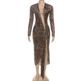 Leopard Print Deep V Neck Split Maxi Dress XEF-K25D76878