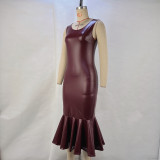 PU Leather Sleeveless Ruched Fishtail Dress GPBY-14772